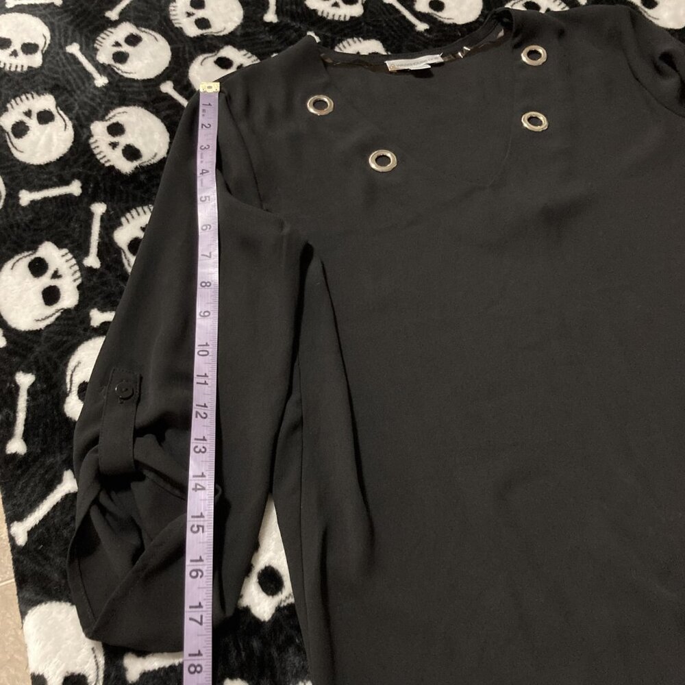 WAREHOUSE ONE Black semi-sheer shirt with silver tone grommets ~ XS SMALL top - Picture 10 of 14